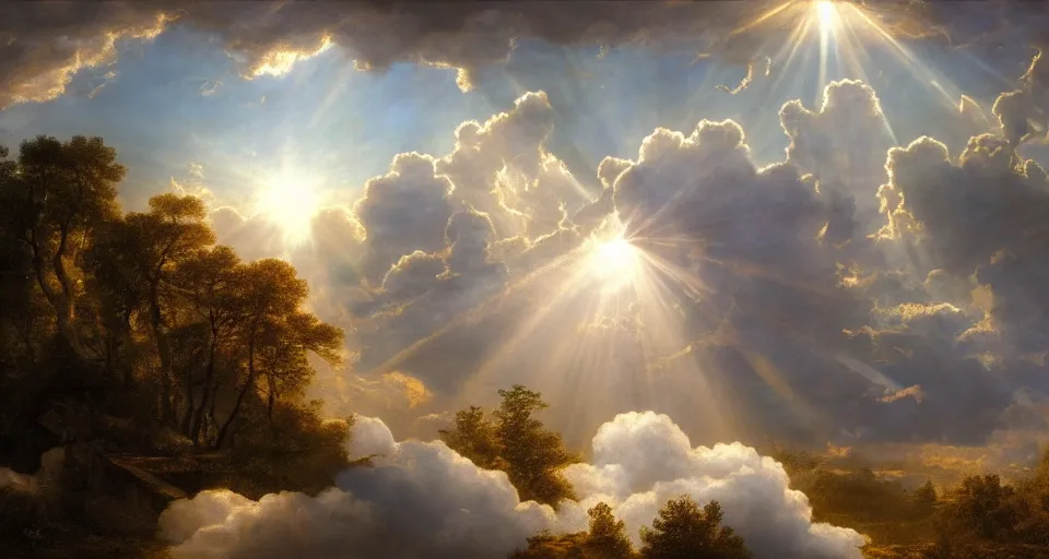 Image similar to heaven with angels floating on clouds god rays, by eugene von guerard, ivan shishkin, dramatic lighting, concept art, trending on artstation, 8 k