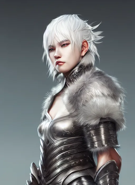 Image similar to warrior, fur leather armor!!! beautiful and elegant white hair female!! gorgeous ayes!! character concept art, sharp focus, octane render! unreal engine 5! highly rendered!! trending on artstation!! detailed linework!! illustration by artgerm, wlop, and chie yoshii