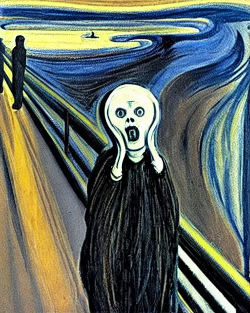 Image similar to a painting of ghostface in the scream by edvard munch