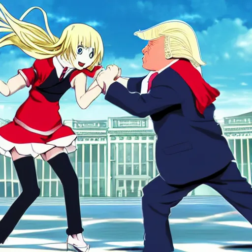 Image similar to “anime key visual of Donald trump fighting anime girls, pixiv”