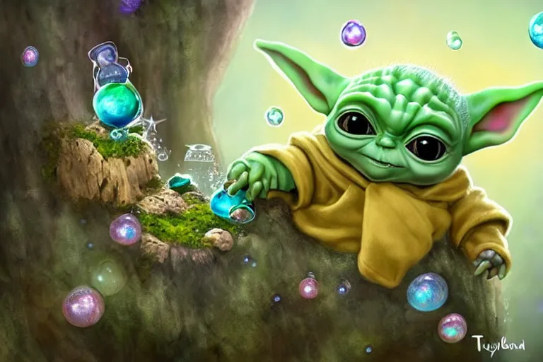 an extremely cute (Baby Yoda) sits on a lichen covered Stable