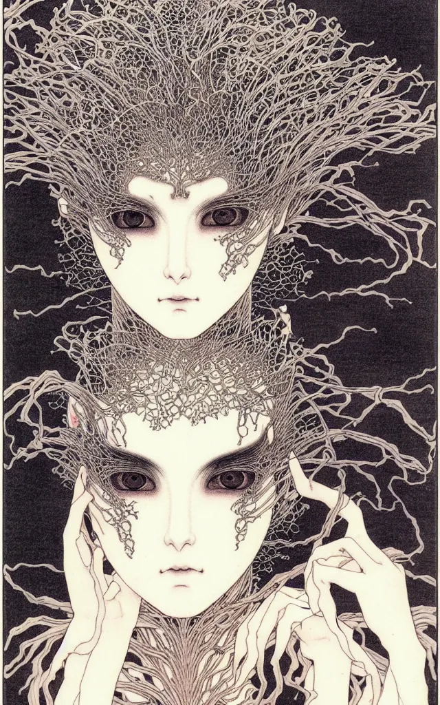 Image similar to prompt: Fragile looking face drawn by Takato Yamamoto, mystic eyes, ceramic looking face, cyber parts inspired by Evangeleon, clean ink detailed line drawing, intricate detail drawing, manga 1990, portrait