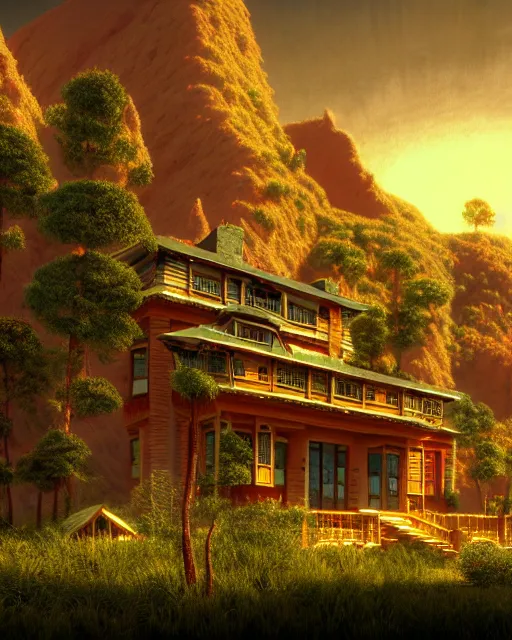 Image similar to a beautiful detailed render of nature city house by albert bierstadt, forest magic realism universe architecture island infrared vice city sunlight laser venus postcyberpunk fantasy darkacademia nature thermal imaging matte painting poppy desert san andreas, archdaily, wallpaper, highly detailed, trending on artstation.