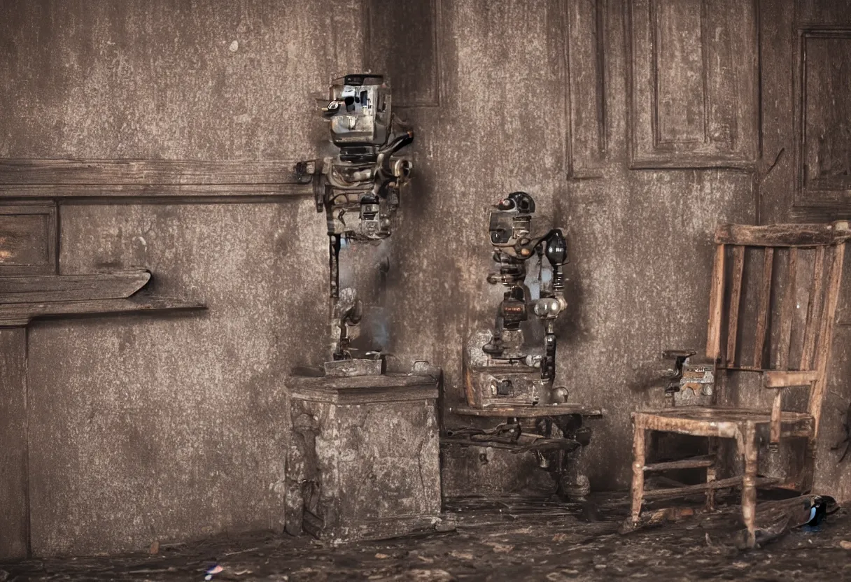 Image similar to An intimate extreme closeup photograph of a single lonely robot sitting on a aged wooden rocking chair in front of a single beautiful fireplace in a dilapidated Victorian home
