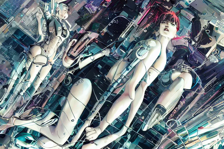 Image similar to a finely composed cyberpunk illustration of a group of white female androids' in style of hajime sorayama, lying scattered over an abstract, empty, white floor, by masamune shirow and katsuhiro otomo, hyper-detailed, colorful, view from above, wide angle, close up, spacious