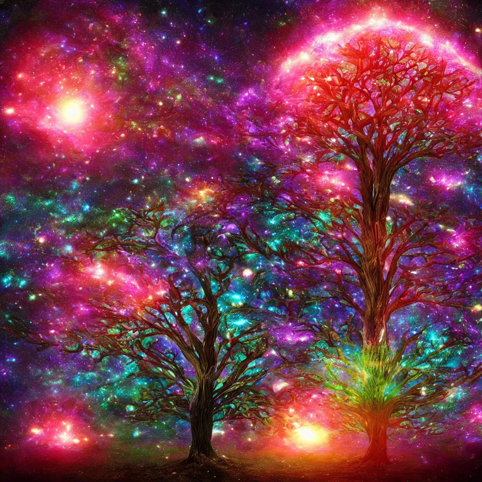 Image similar to cosmic tree of life made of stars, center composition, cinematic, trending on artstation, low level, 4K UHD image, octane render,