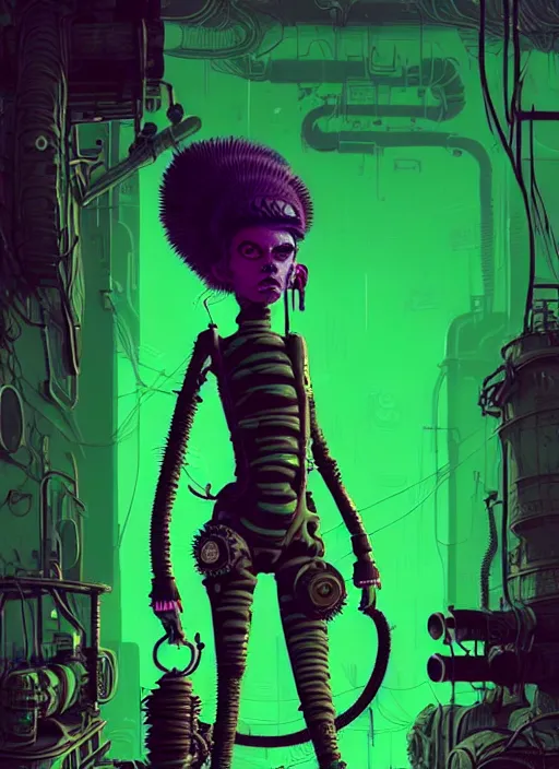 Image similar to highly detailed portrait of an moody wasteland punk long dripping green poison hair tribal lady, stray black rubber hoses by atey ghailan, james gilleard, by joe fenton, by greg rutkowski, by greg tocchini, by kaethe butcher, 4 k resolution, gradient purple, brown black and white color scheme!!! ( ( green flaming robotic sewer background ) )