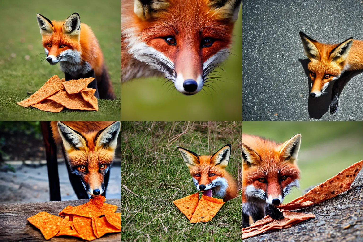 Prompt: A photograph of a fox eating Doritos, professional photography