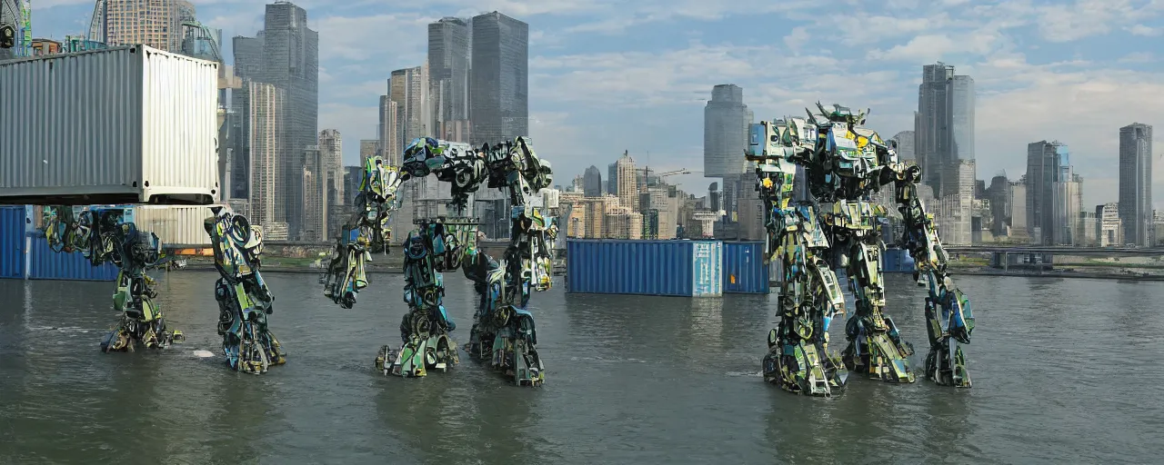 Prompt: levitated solarpunk sustainable giant mecha made of metal boxes and freight containers walking slowly across the river, signage, balcony, clear glass