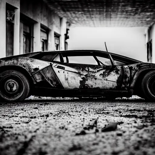 Image similar to black and white press photograph of a rusted abandoned lamborghini on a busy street, detailed, natural light, mist, film grain, soft vignette, sigma 5 0 mm f / 1. 4 1 / 1 0 sec shutter, imax 7 0 mm footage