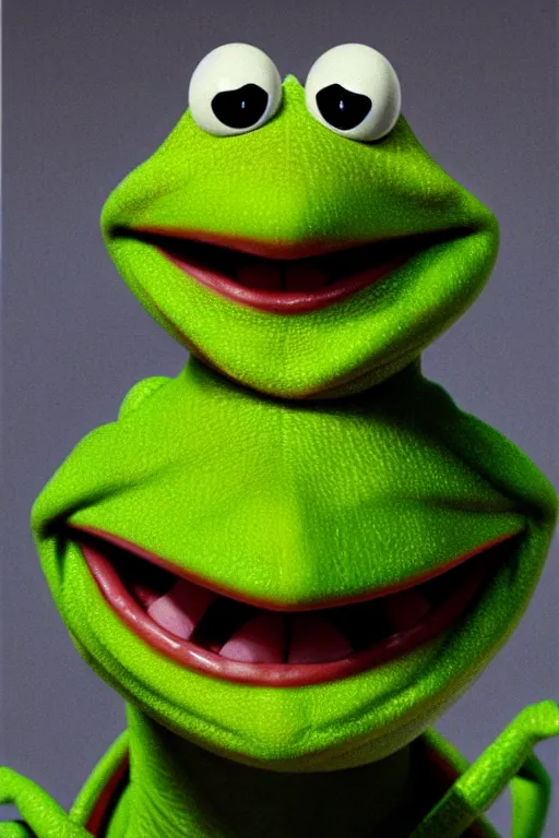 Image similar to a beautiful oil painting hyperrealism of a happy smiling kermit the frog head, green bulging eyes, rotten green skin, grey beard, blue veins, skull bones, moody lighting, 8 k resolution, octane render, trending on artstation, by h. r. giger and greg rutkowski