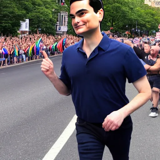 Prompt: ben shapiro participating in a gay parade, full body, high definition, detailed face, detailed body, detailed photo, photo realistic