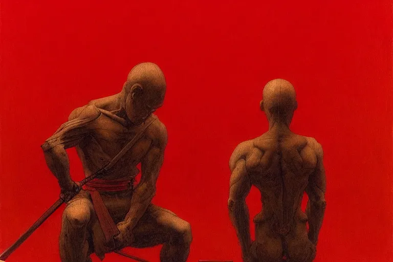 Image similar to only with red, a red samurai do seppuku, tokio, a lot of frogs watch, in the style of beksinski, parts by edward hopper, parts by rodcenko, parts by yue minjun, intricate and epic composition, red by caravaggio, insanely quality, highly detailed, masterpiece, red light, artstation, 4 k