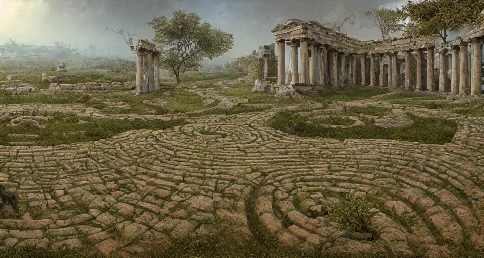 Prompt: ancient greek overgrown labyrinthwith with an gigantic ancient altar in the center, by beksinski, rutkovski, bosch, retro fantasy movie, highly detailed, photorealistic, illustration, matte painting, 8 k