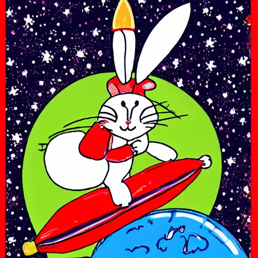Image similar to kamikaze rabbit riding a rocket above earth in the style of merry melodies