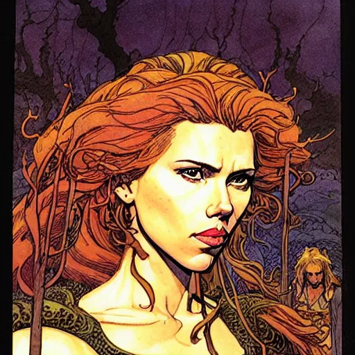 Image similar to a realistic, very beautiful and atmospheric portrait of scarlett johansson as a druidic warrior wizard looking at the camera with an intelligent gaze by rebecca guay, michael kaluta, charles vess and jean moebius giraud