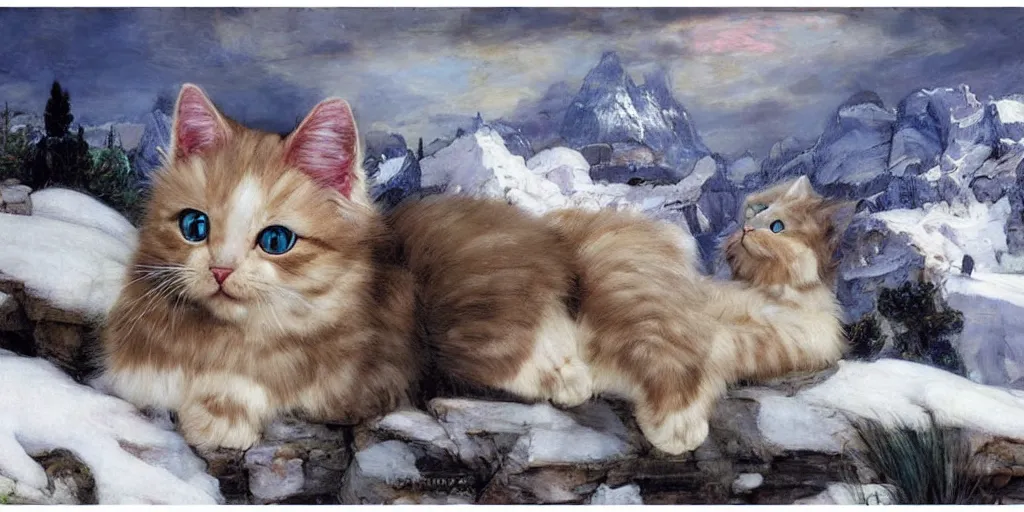 Image similar to 3 d precious moments plush cat with realistic fur and an blue / white / gray / green / pink / tan / mid pink / blue gray color scheme, snowy mountain landscape, master painter and art style of john william waterhouse and caspar david friedrich and philipp otto runge