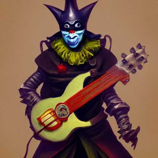 Image similar to a digital painting of a man wearing a mask playing a guitar, young handsome pale roma, grim dark jester from gwent cards, a character portrait by senior character artist, polycount, vanitas, sketchfab, speedpainting, zbrush