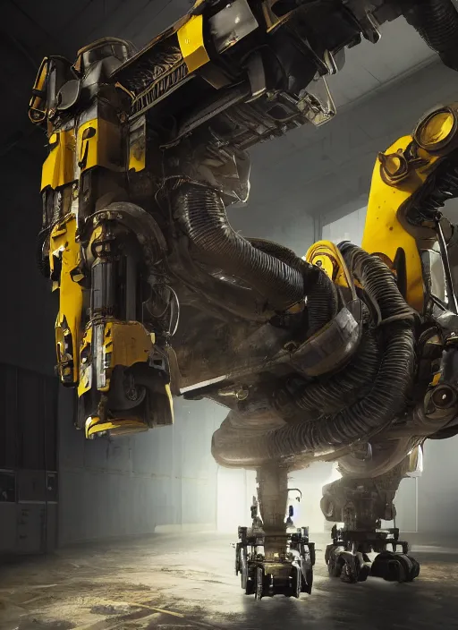 Image similar to a photorealistic dramatic hyperrealistic render of a futuristic exosuit power excavator heavy machinery, ultra realistic details, glossy yellow, well worn, rust, oil stains by vitaly bulgarov and mike nash, beautiful dramatic dark moody tones and lighting, cinematic atmosphere, studio lighting, global illumination, shadows, dark background, octane render, 8 k