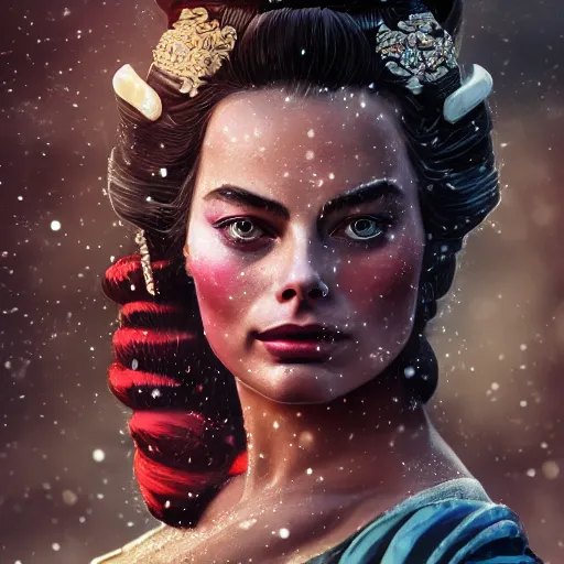 Image similar to a beautiful ultradetailed fantasy character portrait of margot robbie as a geisha wielding a sword by zach sutton and charlie bowater, catchlight in the eyes, trending in behance, close up 50mm portrait photo, bokeh, 4K, during snowfall