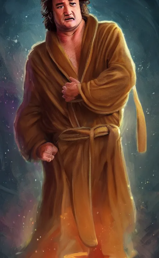 Image similar to jim belushi with wild hair and bright eyes. he's wearing a flowing bathrobe made of light, airy fabric and he has a mischievous look on his face, dynamic lighting, photorealistic fantasy concept art, trending on art station, stunning visuals, creative, cinematic, ultra detailed