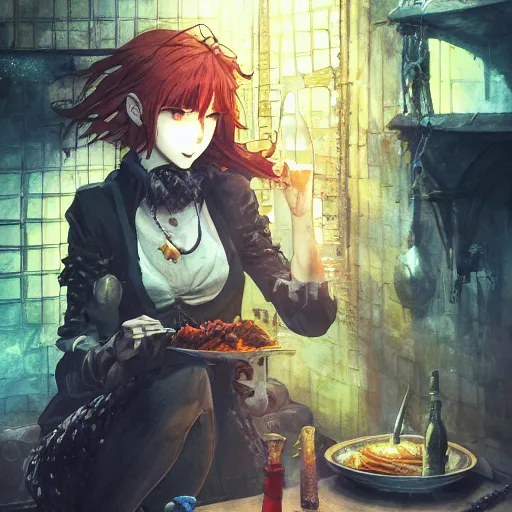 Image similar to goth woman eating dinner color page, tankoban, 4 k, tone mapping, akihiko yoshida, james jean andrei riabovitchev marc simonetti, yoshitaka amano, long hair, curly, h. hydrochaeri