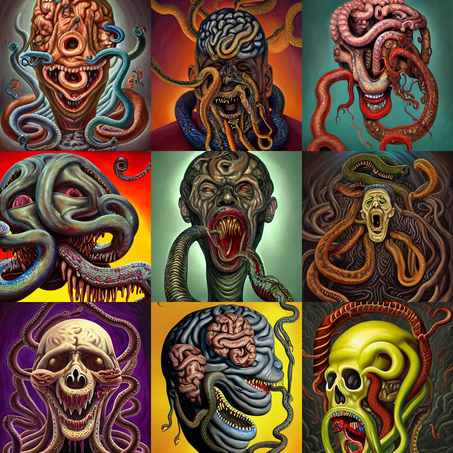 Prompt: a painting of a decapitated screaming man's withered face with serpents swarming out of his brain, a surrealist painting, polycount, surrealism, surrealist, lovecraftian, cosmic horror