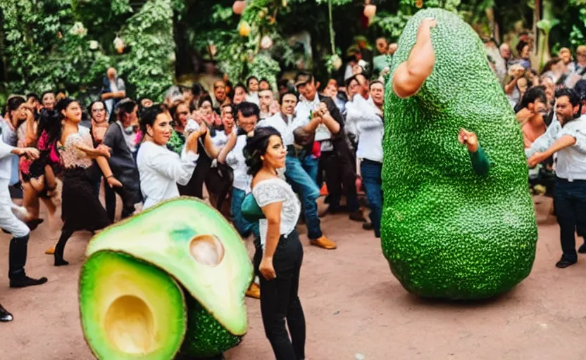 Prompt: a crowd of mexicans dancing around a giant avocado in a wedding,