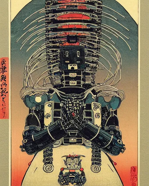 Image similar to Hiroshige portrait of a robot saint made of cables and robotic pod by Frank Frazetta