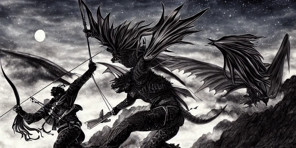 Image similar to korean archer. dragon. night sky. moon. mountain. dark fantasy. high resolution. epic fight. detailed. digital art. by kentaro miura