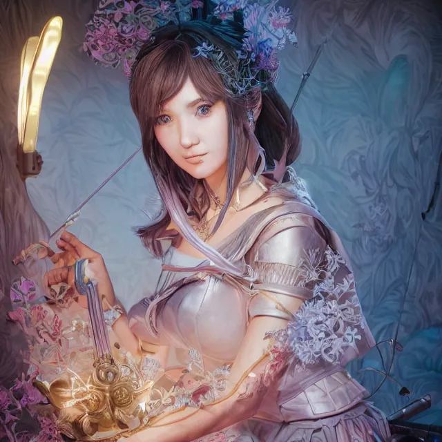 Image similar to the portrait of lawful neutral semi - colorful female archer socialite as absurdly beautiful, gorgeous, elegant, young gravure idol, an ultrafine hyperdetailed illustration by kim jung gi, irakli nadar, intricate linework, bright colors, octopath traveler, final fantasy, unreal engine 5 highly rendered, global illumination, radiant light, detailed and intricate environment