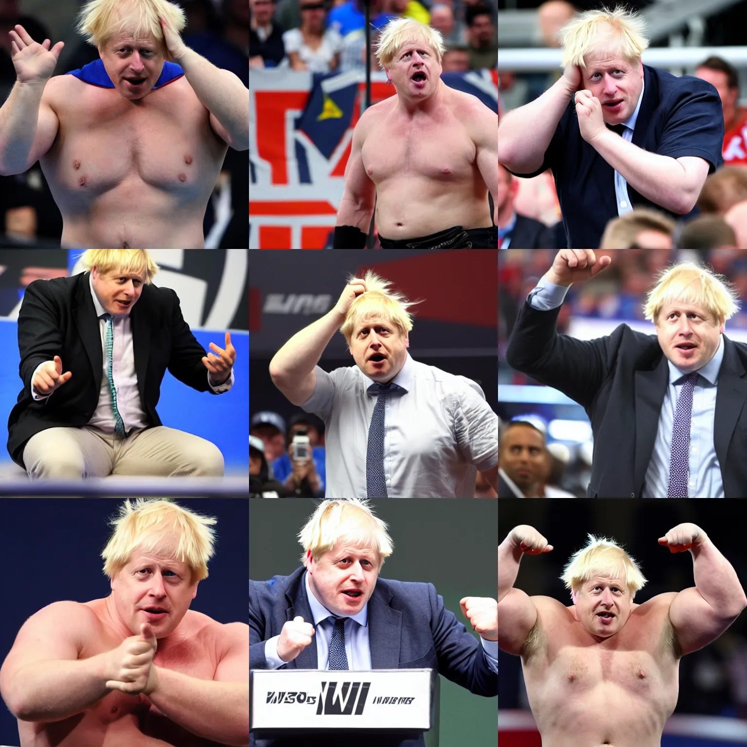 Prompt: boris johnson as an angry muscular wwe wrestler wearing a cap hat. he is looking closely at his fingers