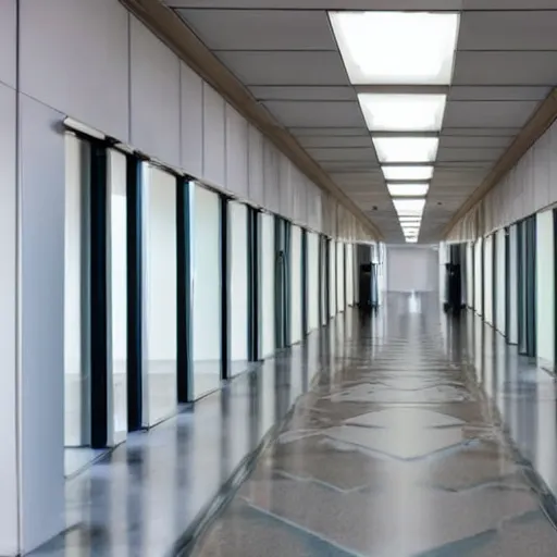 Image similar to an infinite hallway inside a rural european office building, with infinite doorways and infinite doors, every doorway leading to an alternate reality