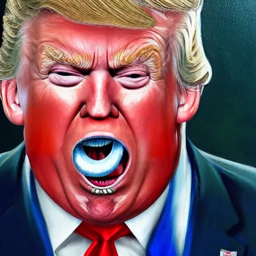 Image similar to Hyperrealistic portrait of sweaty Donald Trump with mouth wide open and spittle spraying, very detailed, 8k, portrait, oil painting