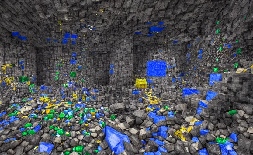 Image similar to ''A mine with walls full of ores, diamonds, emeralds, gold, sapphire, shining, dark, texture, realistic, ray tracing, 8K, micro details, digital art, nature colors''