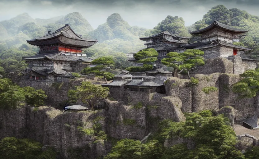 Prompt: highly detailed render of old, ruined, japanese fort from sengoku period, surrounded by dense rock formations, high in mountains, overcast weather, environment concept art, photobash, unreal engine render, nanite