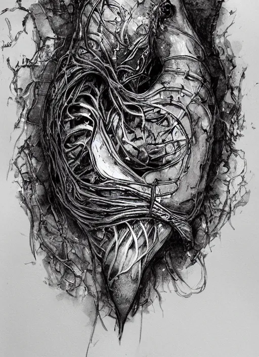 Image similar to portrait, A heart in the shape of a bird, locked in a rib cage, watercolor, dramatic lighting, cinematic, establishing shot, extremely high detail, foto realistic, cinematic lighting, pen and ink, intricate line drawings, by Yoshitaka Amano, Ruan Jia, Kentaro Miura, Artgerm, post processed, concept art, artstation, matte painting, style by eddie mendoza, raphael lacoste, alex ross