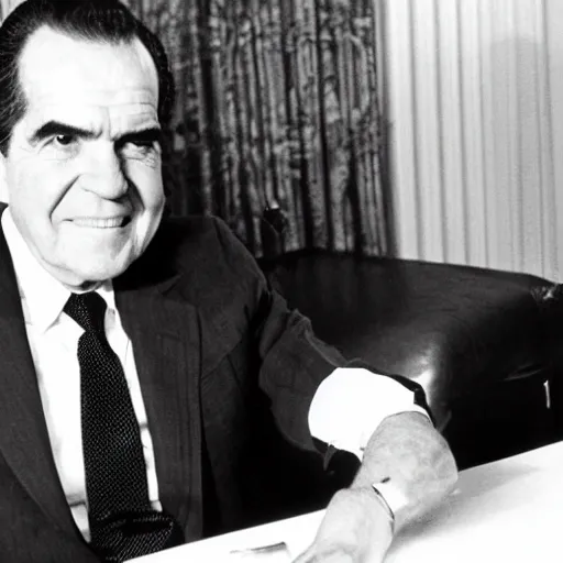 Prompt: Richard Nixon drinking whiskey in the oval office