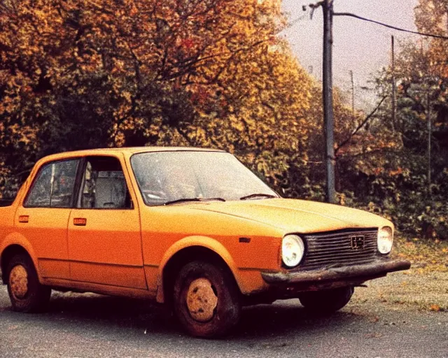 Image similar to a lomographic photo of old lada 2 1 0 7 standing in typical soviet yard in small town, autumn, cinestill, bokeh