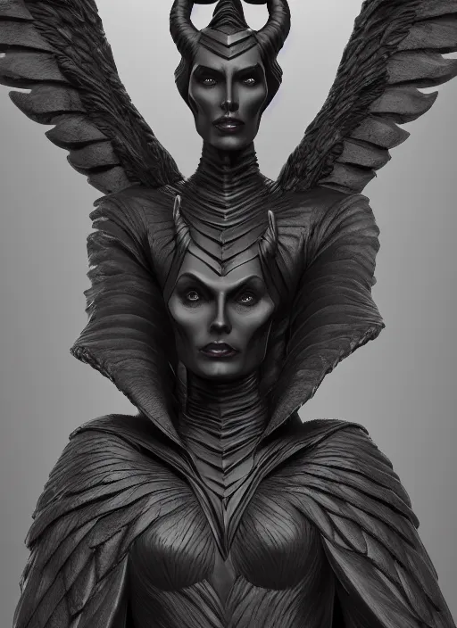 Image similar to stoic statue of maleficent, aesthetic, naturel, symmetrical face, hyper detailed, digital sculpture, trending in artstation, cinematic lighting, studio quality, smooth render, unreal engine 5 rendered, octane rendered