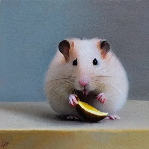 Prompt: a oil painting of a cute little hamster eating lemon