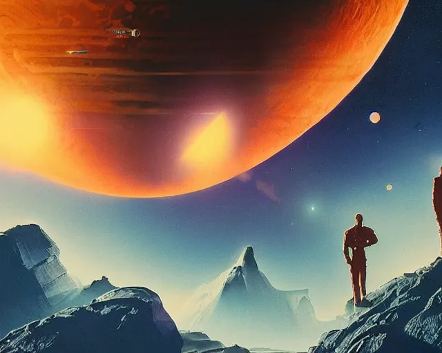 Prompt: epic beautiful composition, hyperrealism, scene from starship, hexagon space colony buildings on a fantastic red orange planet, giant planets in the skies above, true detective, 8 k, 8 0 s japanese sci - fi books art