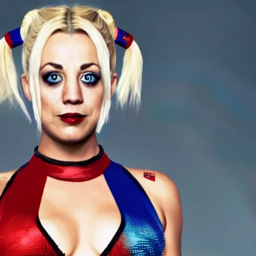 Image similar to A still of Kaley Cuoco as Harley Quinn