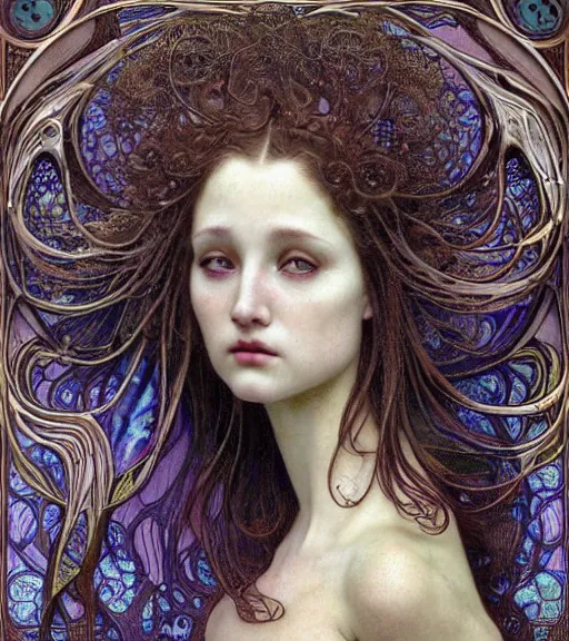 Prompt: beautiful young orchid fairy detailed realistic porcelain face portrait by jean delville, alphonse mucha, iris van herpen and charlie bowater, art forms of nature by ernst haeckel, art nouveau, symbolist, visionary, gothic, neo - gothic, pre - raphaelite, fractal lace, intricate alien botanical biodiversity, surreality, hyperdetailed ultrasharp octane render