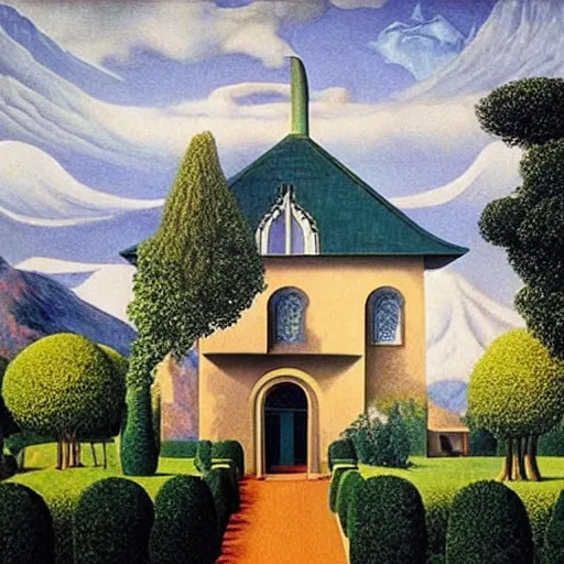 Image similar to elrond's house, rivendell, by rene magritte