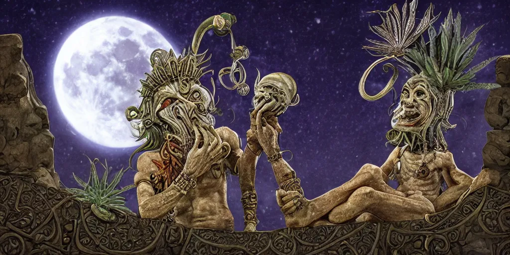 Prompt: a detailed digital art of a stoned ancient celtic god alien on a balcony, outside alone smoking weed, a tropical mountain on a full moon night with dark clouds in the skies, artstation, ornate, award - winning art, 8 k, vivid color scheme, tilt shift focus, wide angle shot