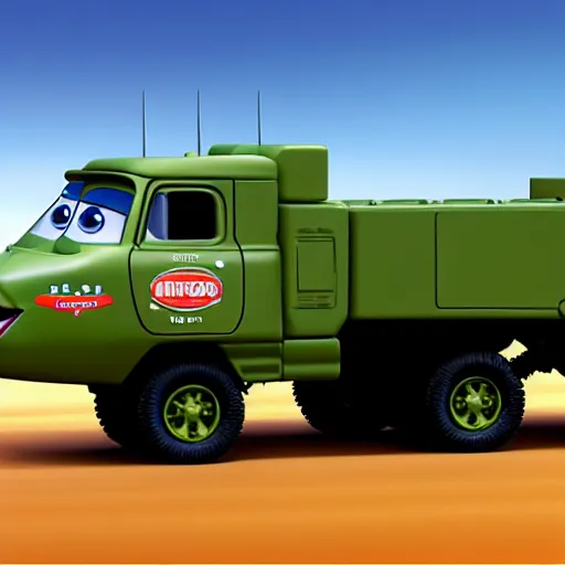 Image similar to HIMARS, Cars Pixar movie style, detailed, green