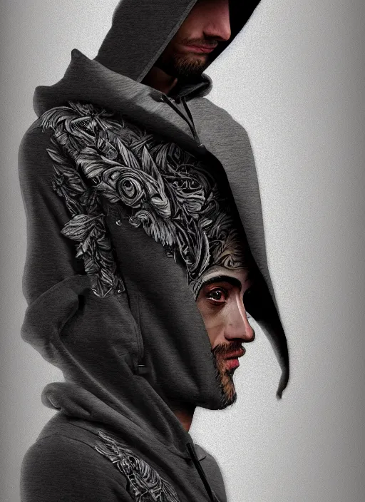 Image similar to guy with hoodie hiding on papercraft, realistic, surealism, lavish, steep, aesthetic, extravagant, shiny, fantasy, intricate, elegant, extremely higly detailed, digital painting, artstation, ornate, grotesque, baroque, concept art, smooth, sharp focus, full body focus, street wear digital art