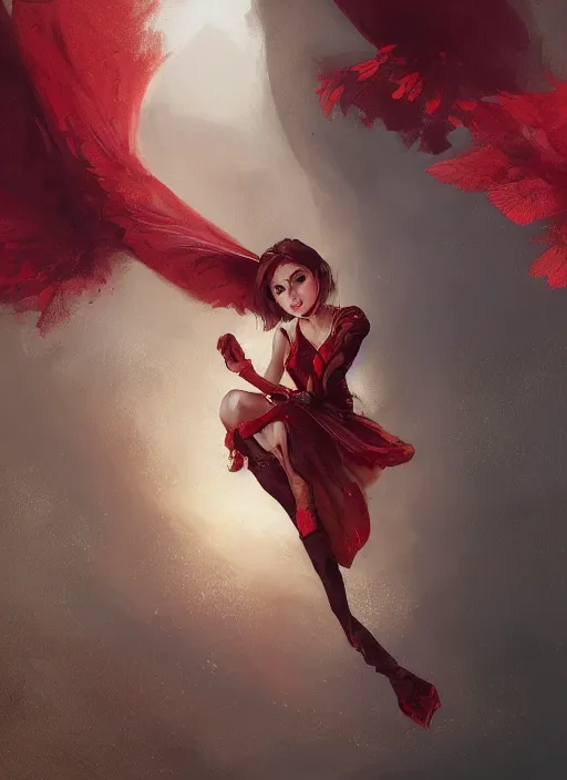 Image similar to Image of tiny pixie sitting on top of a human hand, D&D fantasy, wearing a red dress, intricate, highly detailed, digital painting, artstation, concept art, sharp focus, illustration, art by greg rutkowski and Ross Tran