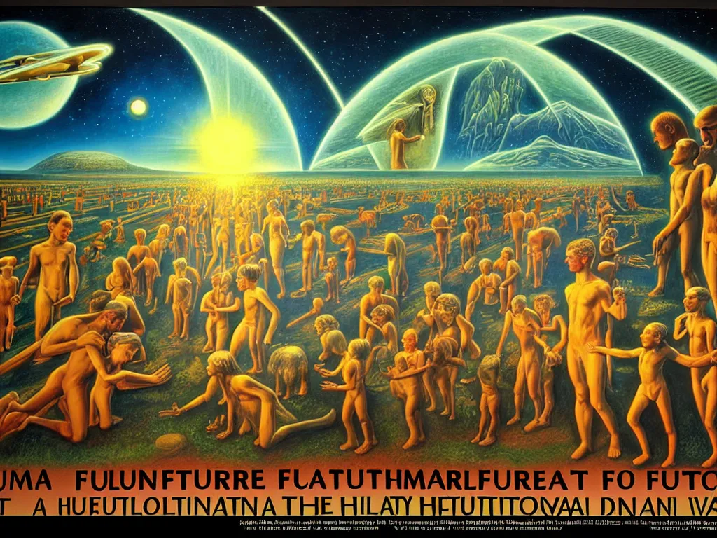 Image similar to a beautiful future for human evolution, spiritual science, holy divinity, utopian, by david a. hardy, wpa, public works mural, socialist